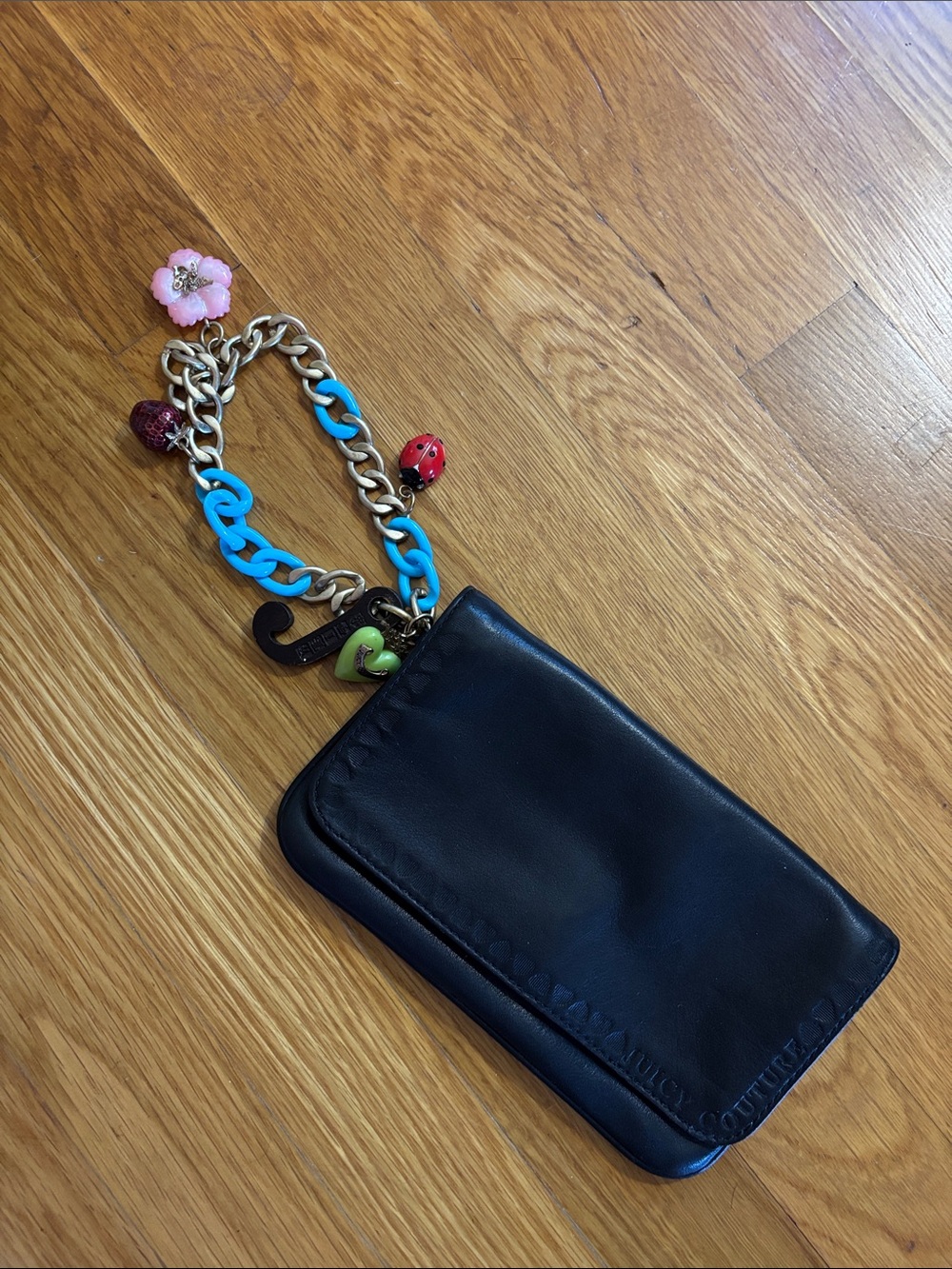 Y2K Juicy Couture Black Leather Card & Key Holder with Chunky Charm Chain